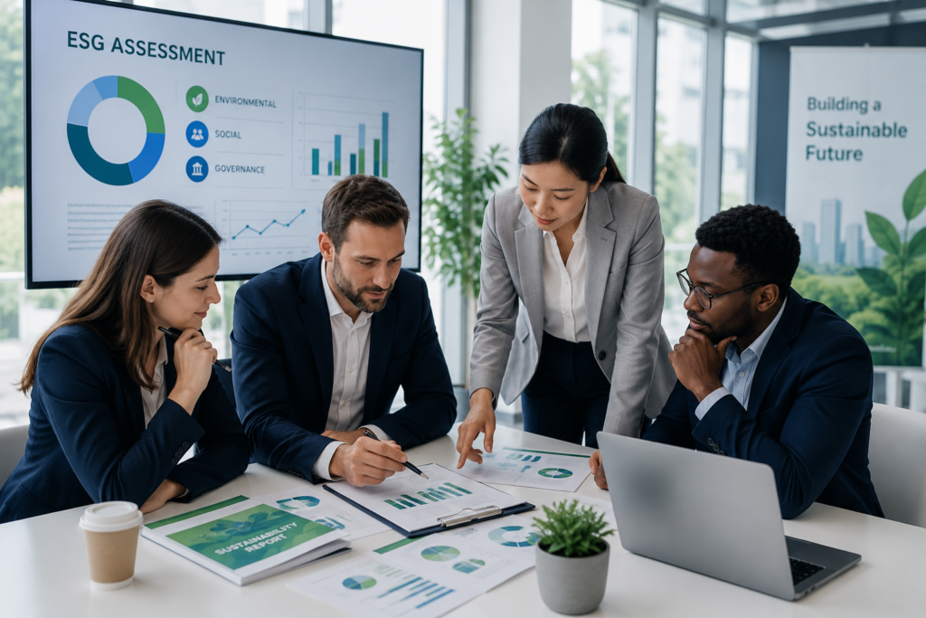 sustainable teamwork meeting with esg dashboard